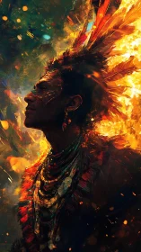 Side-profile portrait depicts figure in feathered headdress