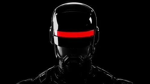Chrome cybernetic helmet glows with intense red visor light