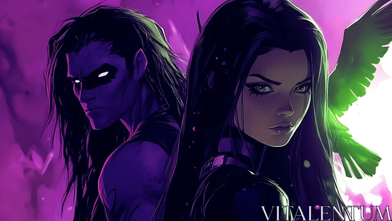 Dark-haired vigilante duo with glowing eyes and crow wings.