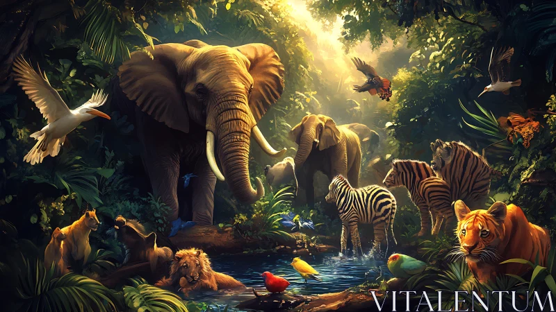 Sunlit rainforest menagerie surrounds reflective jungle waterhole