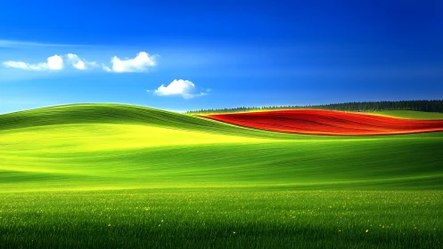 Vivid rolling fields glow beneath a deep blue summer sky