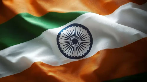 Tricolour flag with central navy blue wheel displayed horizontally