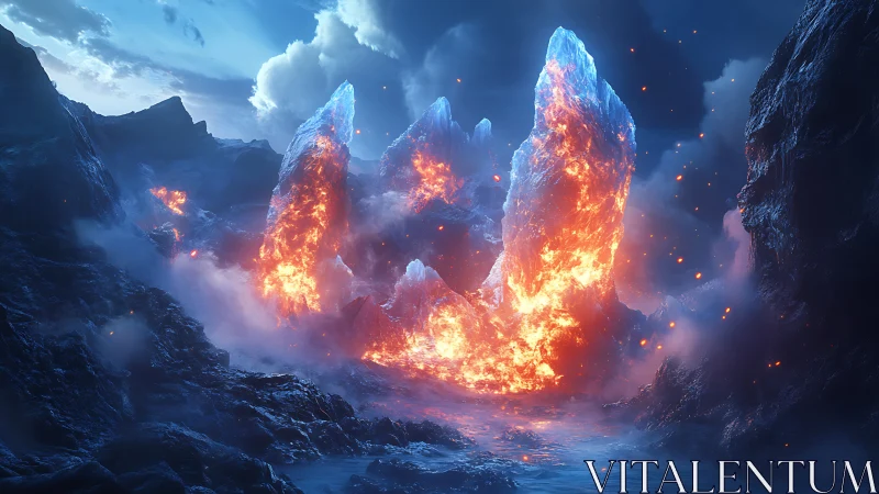Volcanic Ice Pillars Erupting in Mountain Valley.