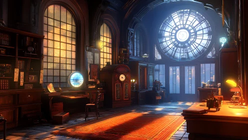 Timekeeper’s sunlit study under a cathedral clockface.