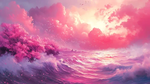 Pink coastal seascape with flowering trees and clouds.