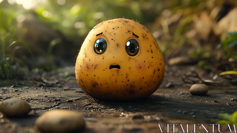 Anthropomorphic potato character on forest floor surface.