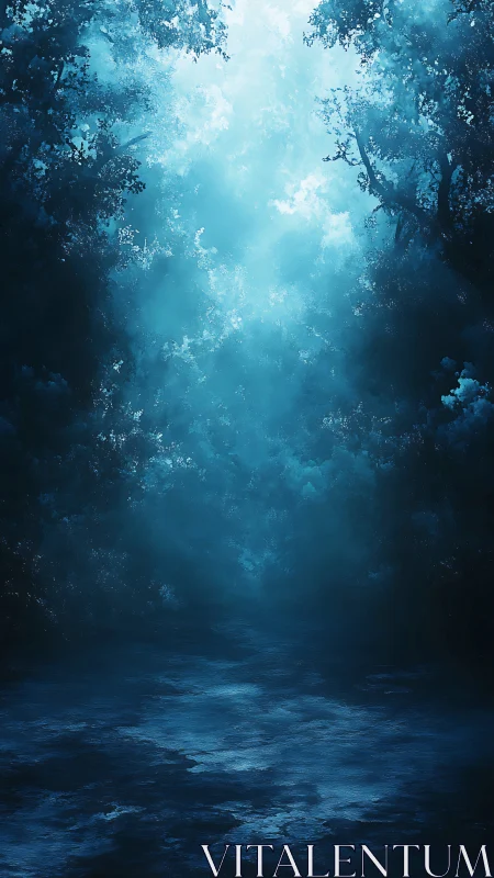 Blue-toned forest clearing with diffused overhead light.