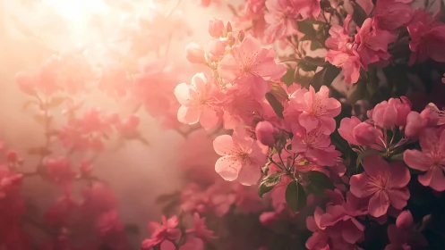 Pink flowering shrub photographed through diffused atmospheric light conditions.