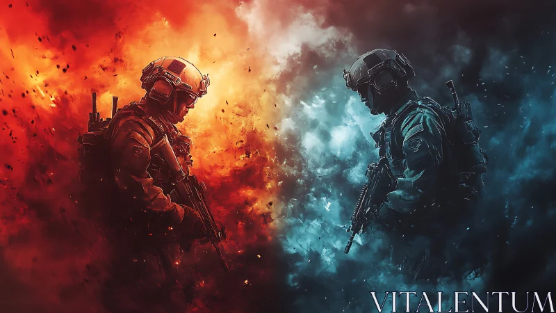 Opposing futuristic soldiers confront amid fire and ice haze