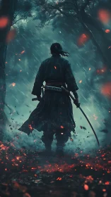 Lone samurai advances through ember-lit rainstorm forest scene