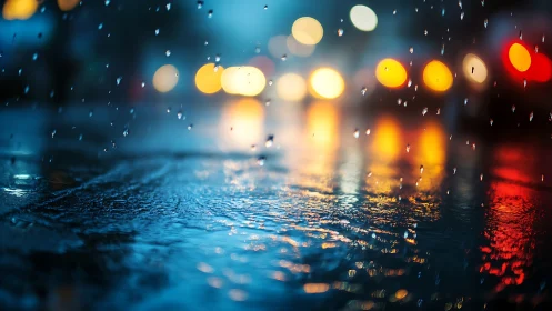 Urban street surface reflects defocused traffic lights in rain