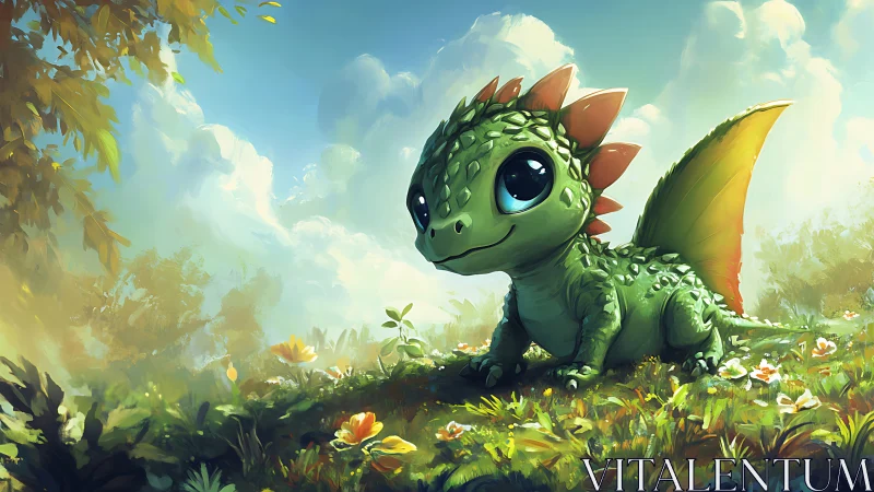Baby green dragon resting in bright meadow landscape.
