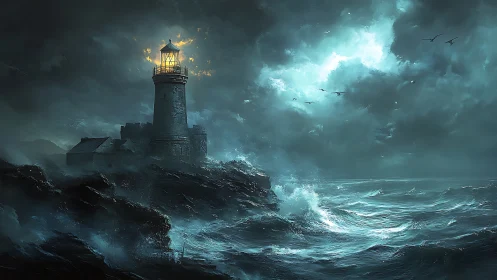 Stormy coastal lighthouse guiding ships through darkness.
