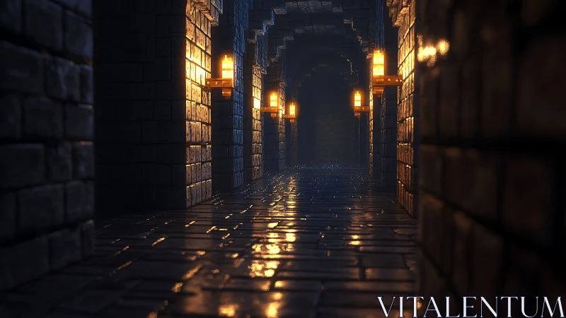 Torchlit stone corridor inviting quiet dungeon wanderings.