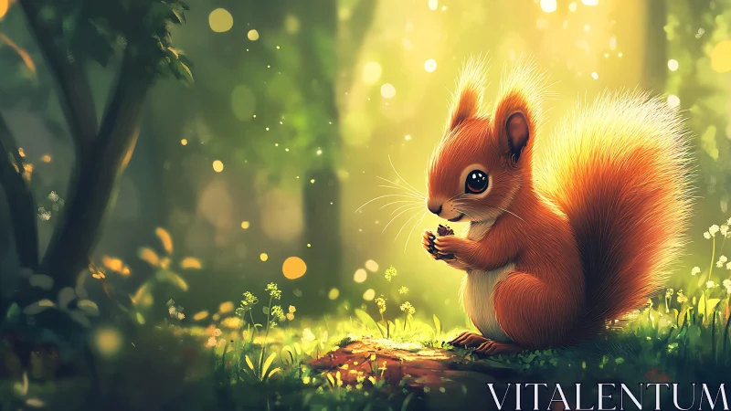 Backlit red squirrel in sunlit forest clearing, bokeh glow