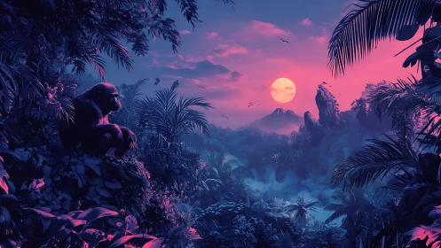 Primate at Moon Rise in Mystical Jungle Landscape.