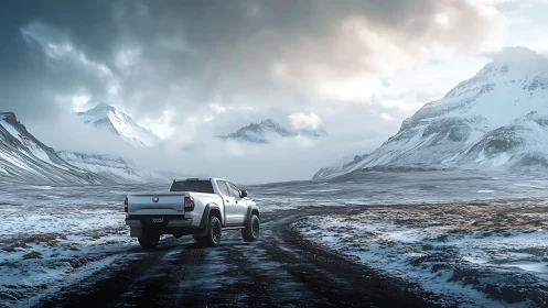 Pickup truck travels along snow-covered mountain valley road