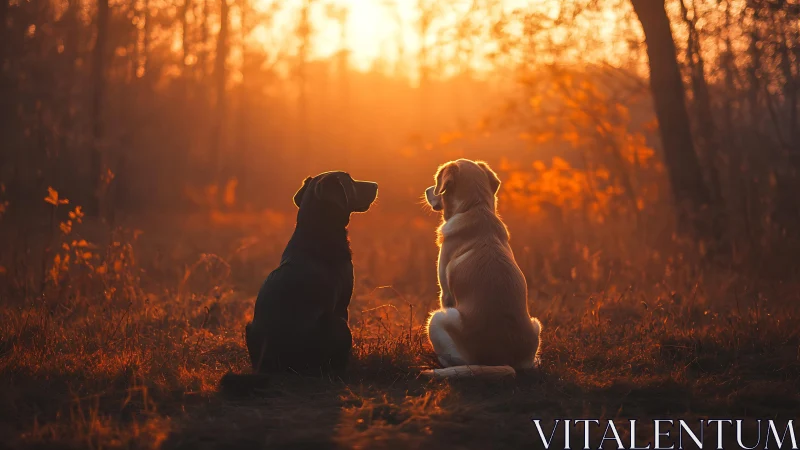 Backlit canine silhouettes in golden hour forest clearing