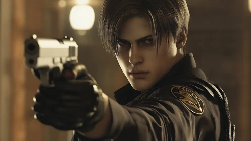 Steel-gazed rookie cop aims justice through golden haze.