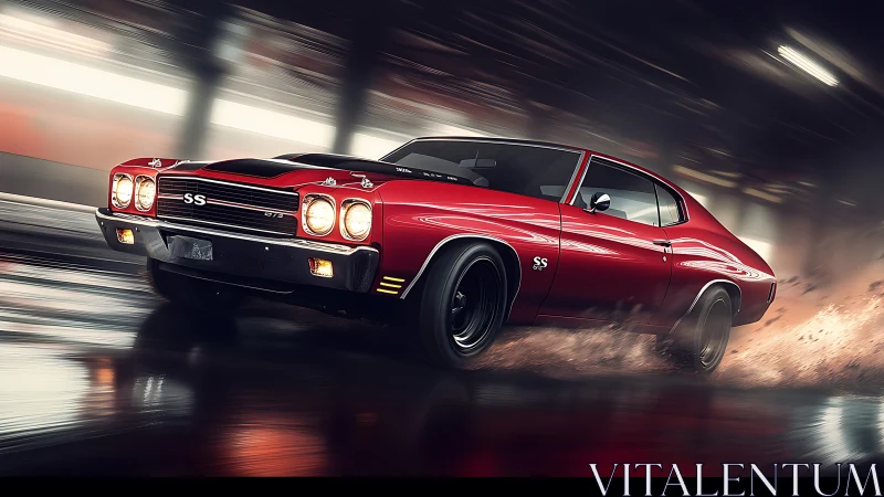 Red muscle car drifts through reflective tunnel environment