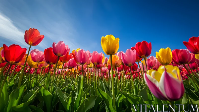 Field of tulips photographed against clear sky with ground perspective.