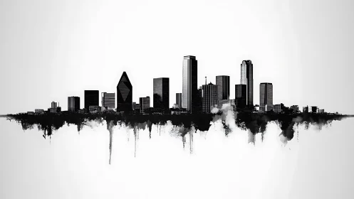 Monochrome skyline silhouette with mirrored ink-like base.