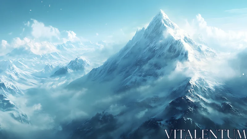 Glaciated alpine massif in atmospheric perspective rendering.