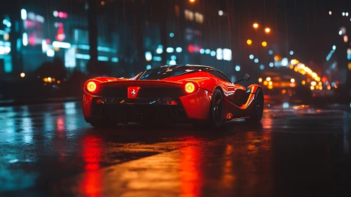 Crimson supercar ignites wet neon city streets at midnight.