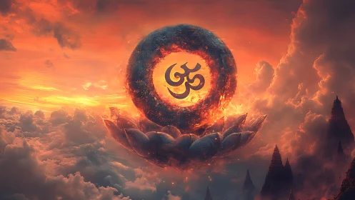 Sacred Om rising in a fiery lotus above dreaming clouds.