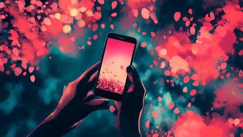 Glowing phone in gentle hands invites a swirl of bright petals