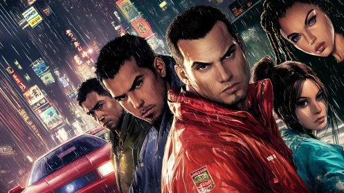 Neon-soaked street racers under driving rainstorm glare.