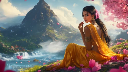 Golden muse beneath cherry blossoms in mythic mountain valley.