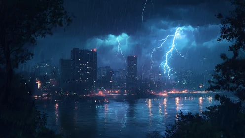 Lightning storm illuminates dense city skyline at night