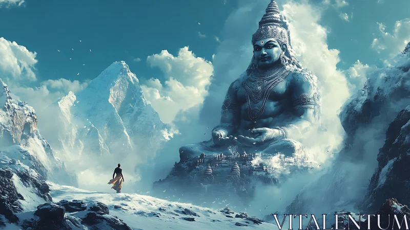 Colossal snowbound deity overlooking pilgrim in alpine pass