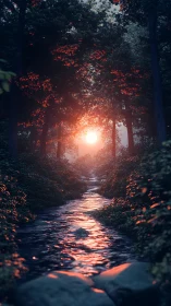 Forest Stream Glowing at Dusk.