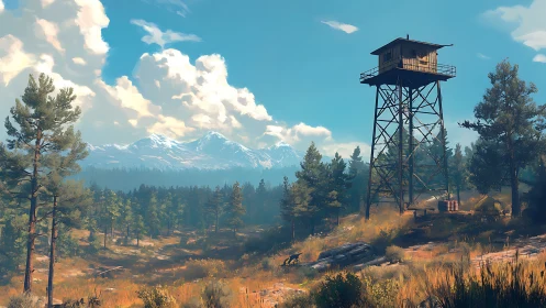 Sunlit watchtower looks over peaceful forest and mountains