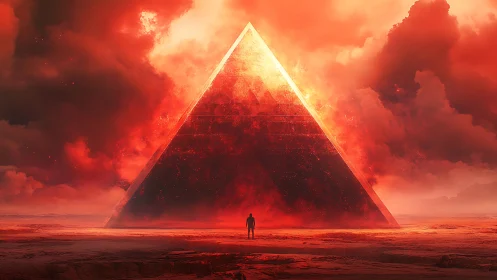 Monolithic pyramid emits incandescent energy within stormy red sky