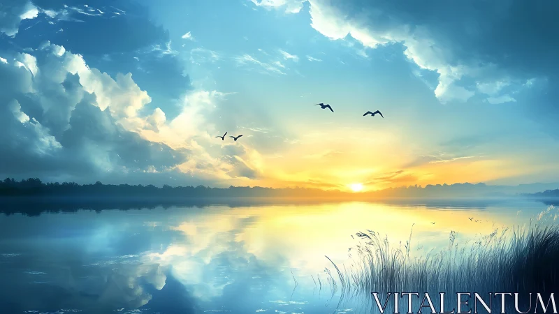 Calm sunrise over still lake with birds in flight.