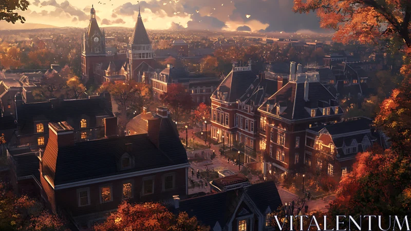 Sunset view over historic brick university campus grounds.