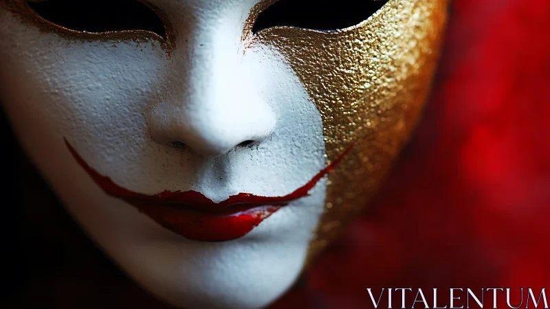 Gold-split theatrical mask reveals stylized red smile