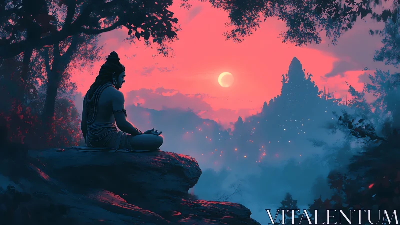 Meditating deity overlooks misty temple under neon dusk.