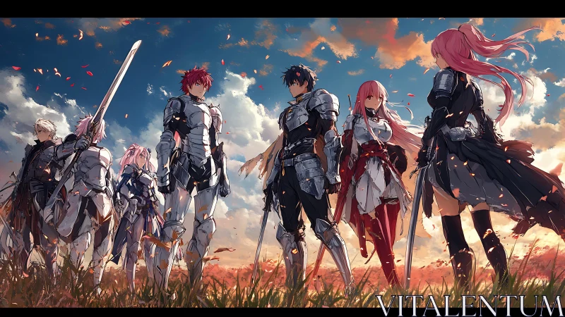 Sunset oath of armored heroes beneath burning petal skies.