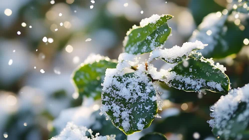 Sunlit holly leaves hold fresh crystalline snow in macro focus