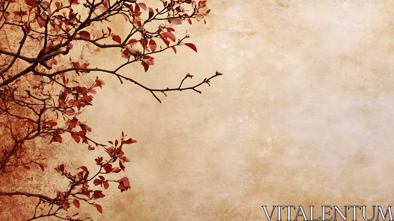 Gentle red branches curling across a soft vintage wall.