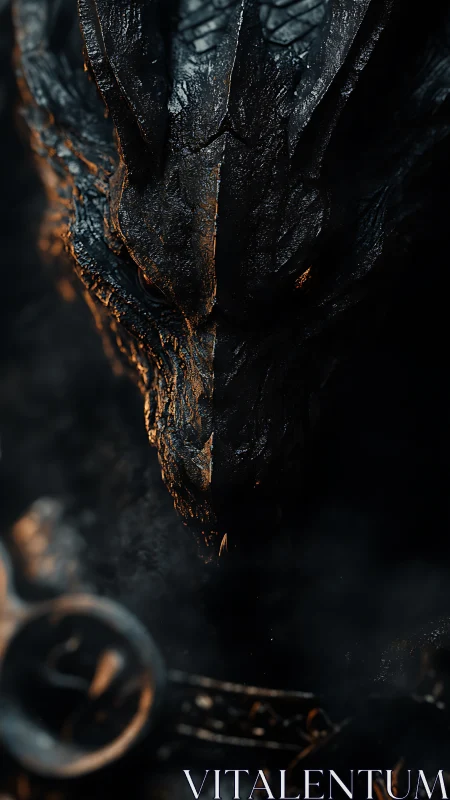 Ancient obsidian dragon stares from the shadows, smoldering within.