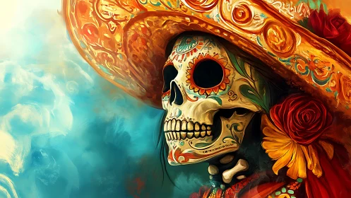 Calavera figure in ornate sombrero with floral adornments.