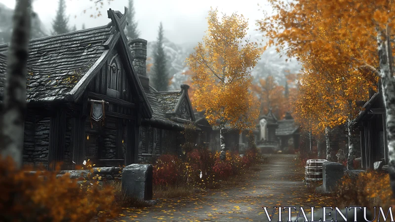 Digital autumn village street in soft atmospheric perspective.