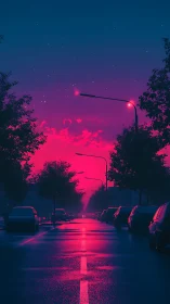 Neon-saturated urban roadway under magenta atmospheric dusk.