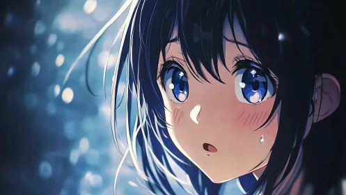 Tearful blue eyed girl in luminous anime close up portrait.