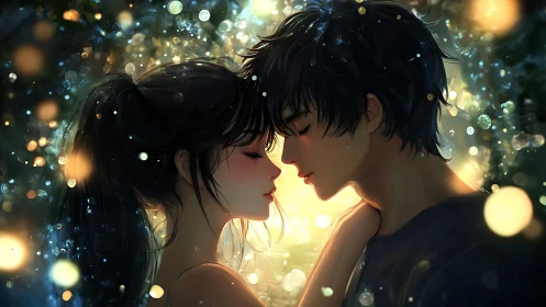 Digital anime romance portrait under luminous bokeh glow.